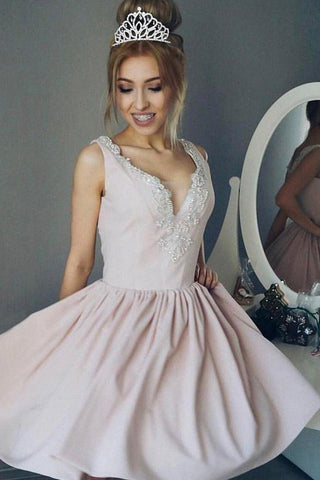 A Line V Neck Sleeveless Light Pink Appliques Short Homecoming Dresses Prom Hoco Dress