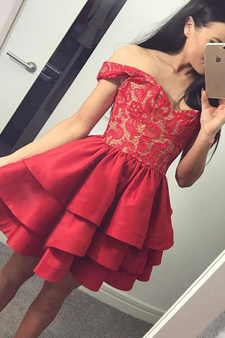 A Line Off the Shoulder Red Lace Short Prom Dresses Homecoming Dress for Party