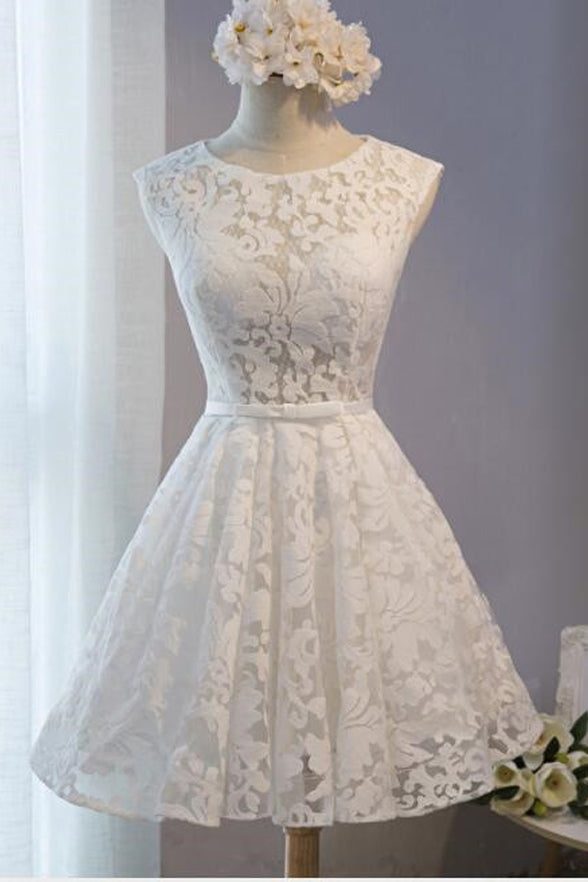 White Lace Open Back See Through Short Prom Dress Homecoming Dresses ...