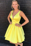 Elegant A Line V Neck Yellow Satin Short Prom Homecoming Dresses Hoco Dress Party