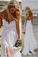 White Backless Lace Spaghetti Straps Slit Beach Bridal Wedding Dress –  Laurafashionshop