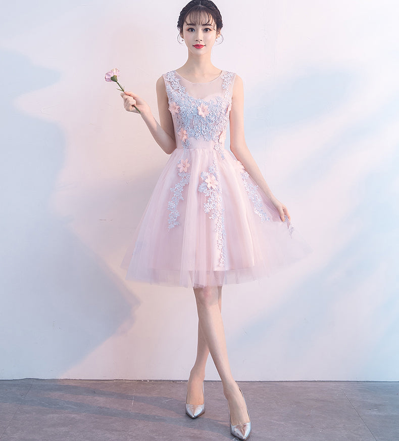 A Line Princess Pink Homecoming Dresses Short Lace Applique Prom Dress ...