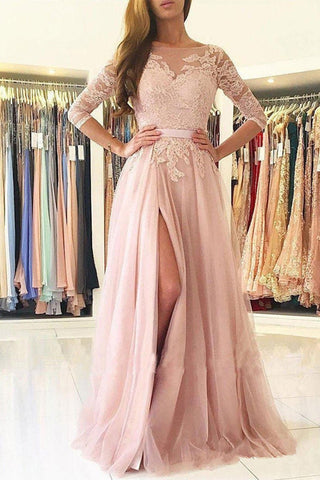 Blush Pink Open Back 3/4 Long Sleeves Lace Split Prom Dress Formal Dresses Gowns