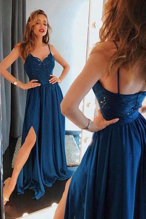 Dark Blue Lace Straps Front Slit Long Prom Dresses Formal Dress Gowns ...