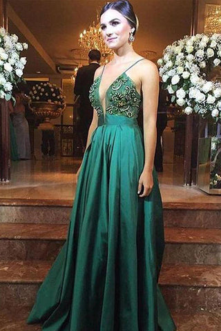 Sexy Deep V Neck Spaghetti Straps Green Beaded Prom Dresses Formal Dress Gowns