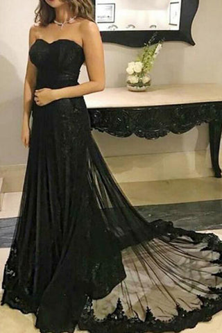 Empire Waist Strapless Black Lace Sheath Long Evening Prom Dresses Formal Dress Gowns