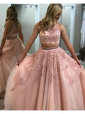 Two Piece High Neck Lace Applique Backless Blush Pink Long Formal Prom Dresses Evening Dress