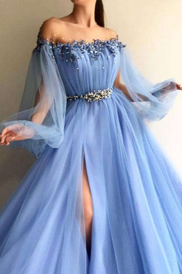 Long Sleeves Light Blue Empire Waist Prom Dresses Formal Evening Dress ...