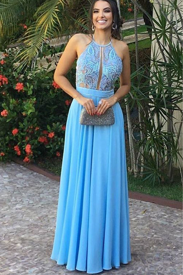 Fashion Light Blue Lace Halter See Through Long Prom Dresses Formal Ev ...