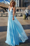 Fashion Halter V Neck Light Blue Beaded Long Prom Dresses Formal Evening Fancy Dress