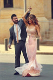 New Design U Neck Beaded See Through Mermaid Pink Prom Dresses Formal Evening Dress