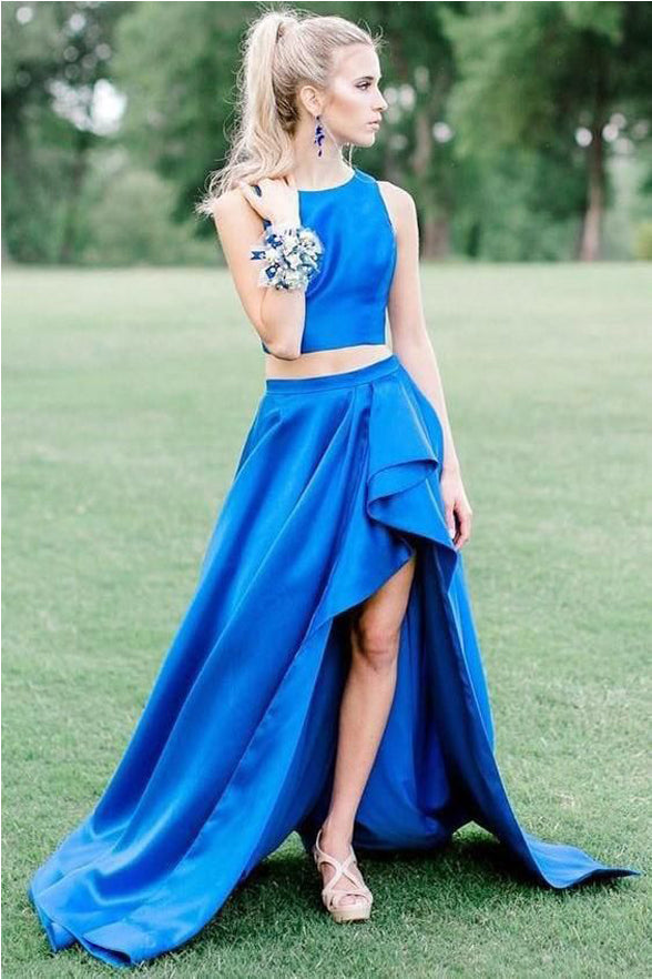 Two Piece Royal Blue High Low Prom Dress Formal Evening Fancy Dresses ...