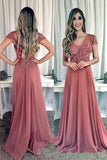 Charming Cap Sleeves V Neck Chiffon Beaded Long Prom Dresses Formal Evening Dress