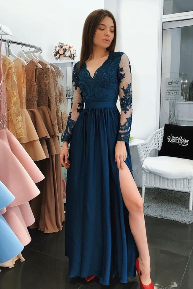 Dark Blue Long Sleeve Lace Long Prom Dresses Formal Evening Party Dres ...
