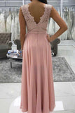 A Line Pink Lace V Neck Chiffon Split Long Prom Dresses