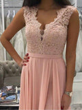 A Line Pink Lace V Neck Chiffon Split Long Prom Dresses