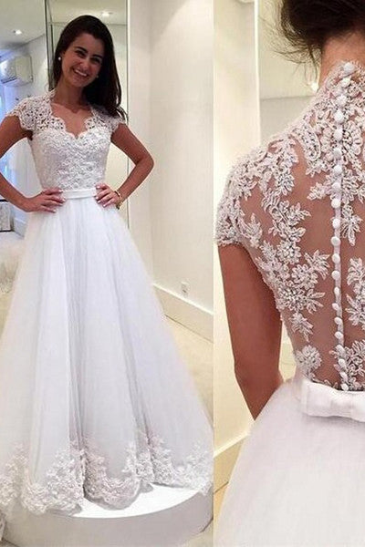 See Through V Neck Back Cap Sleeves Lace Wedding Dresses Bridal Gowns Laurafashionshop 9746