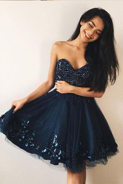 Dress Hand Homecoming Prom Blue Navy Flowers Sweetheart – Laurafashionshop Short Dresses