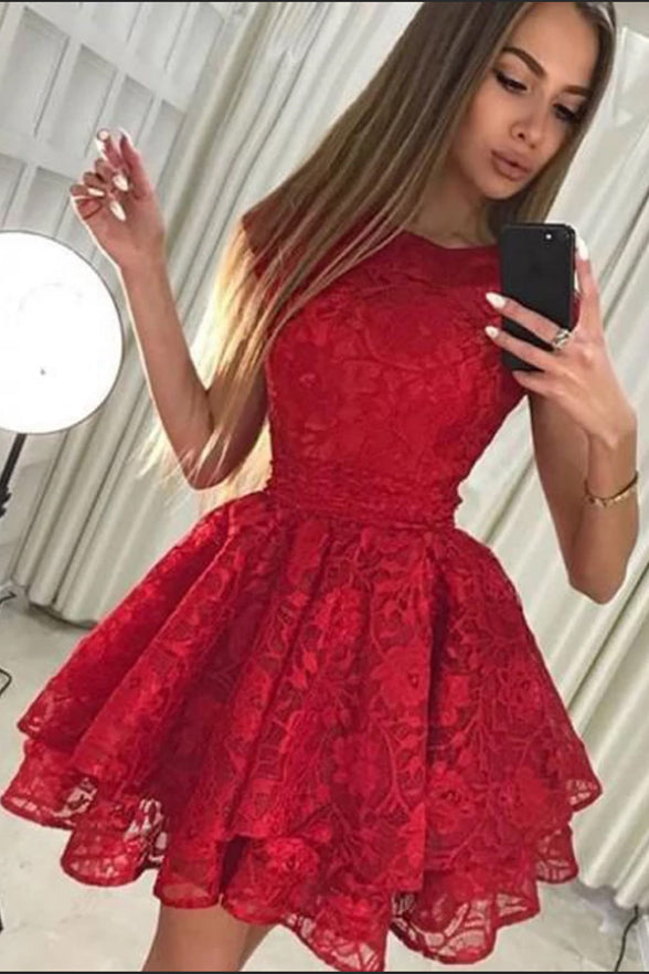 Red Lace Tiered Skirt Homecoming Dresses Short Prom Dress ...