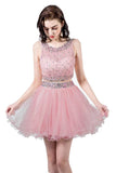 Heavy Beaded Two Piece Pink Tulle Cute Prom Dress Short Homecoming Dresses