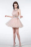 Heavy Beaded Two Piece Pink Tulle Cute Prom Dress Short Homecoming Dresses