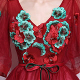 New Arrival 3D Floral Burgundy Tulle V Neck Short Prom Dress Homecoming Dresses