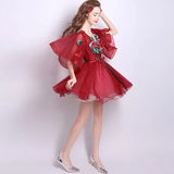 New Arrival 3D Floral Burgundy Tulle V Neck Short Prom Dress Homecoming Dresses