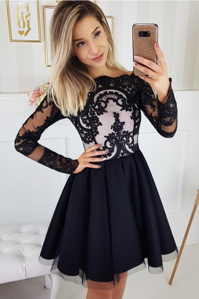 Charming Black Long Sleeves Cheap Short Prom Dress Homecoming Dresses ...