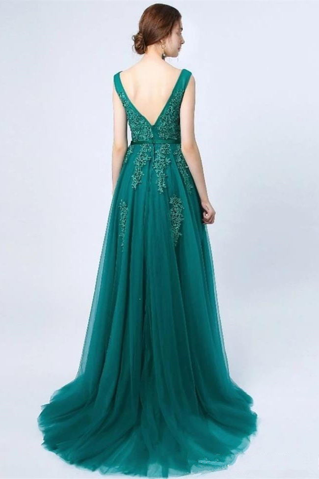 Fashion A Line Appliques Green Long Prom Dresses Formal Evening Dress ...