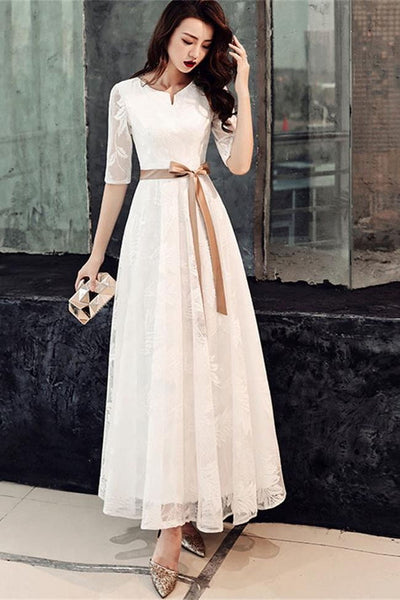 Two Piece Half Sleeves White Lace Long Prom Dresses Formal Fancy Dress –  Laurafashionshop
