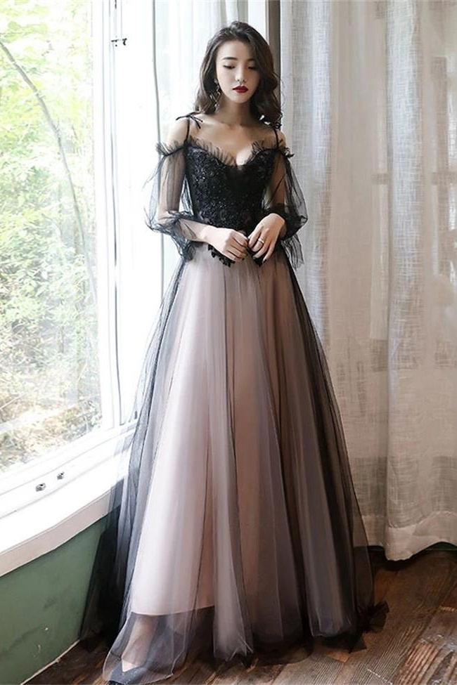 Long Sleeves Black Straps Prom Dresses Formal Evening Dress Party Gown ...