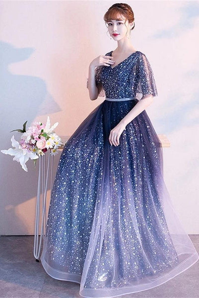 Blue Ombre Gradient Tulle Half Sleeve Prom Dresses Formal Evening Gown Laurafashionshop