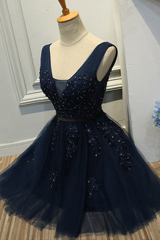 Hot Sales V Neck Navy Blue Lace Short Prom Dress Homecoming Dresses Party Gowns