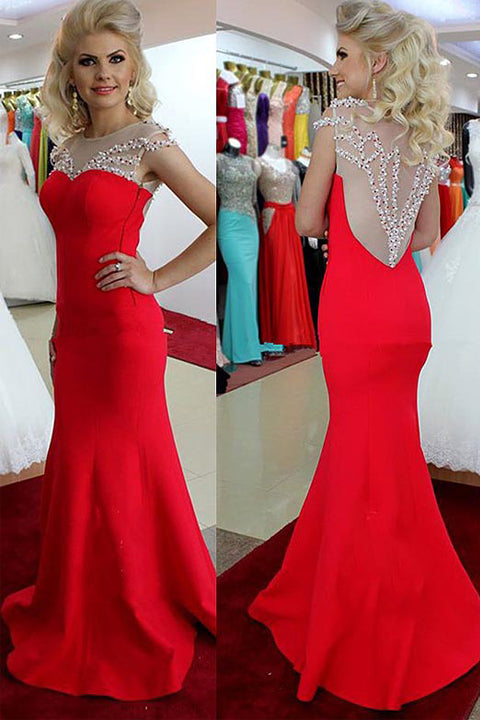 Red Satin See Through Beads Mermaid Long Prom Dress – Laurafashionshop