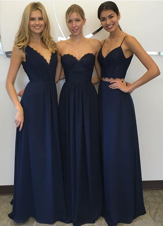 Navy Blue Lace Chiffon Long Bridesmaid Dresses Prom Dress ...