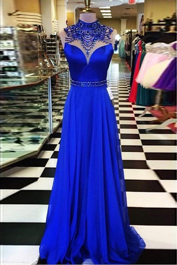 Fashion Royal Blue Backless Prom dressHigh Neck Dress Party Gowns ...