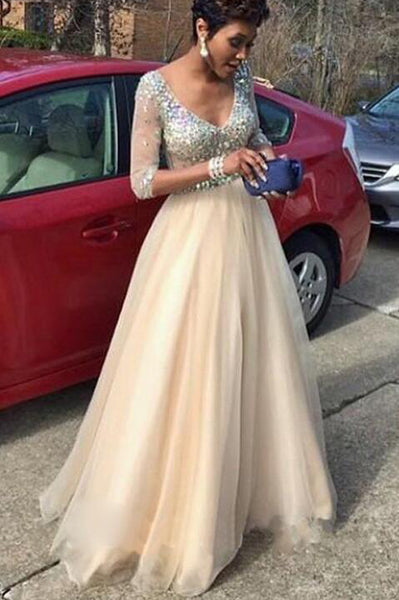 Long Sleeves Dark Blue Crystal Prom Dress Formal Evening Grad Dresses –  Laurafashionshop