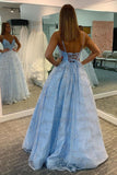 Formal Evening Spaghetti Straps Sky Blue Stunning A-line Sparkly Dress Long Prom Dresses